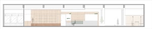 Shopping center interior featuring wood paneling walls and floors, with a designated area for pets and coffee.