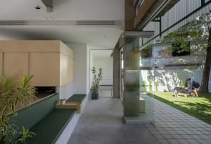 An interior design photograph of a modern hallway with glass windows and green plants.