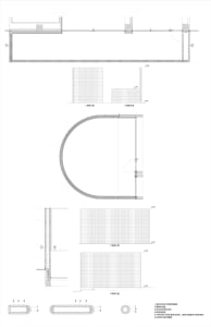 Detailed technical drawing of a modern interior design featuring concrete, metal, and tile materials.