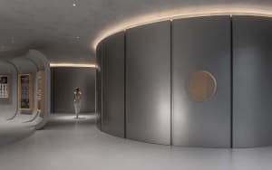 A minimalist commercial interior showcases sleek, modern features with concrete walls and flooring.