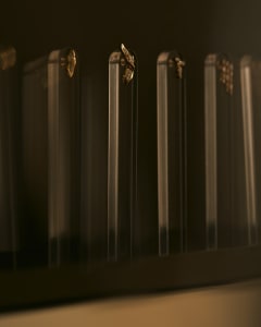 A row of jewelry on clear glass display stands against a dark background.