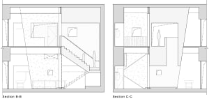 Sectional view of a modern office space with minimalist design, featuring black and white color scheme and mixed media materi