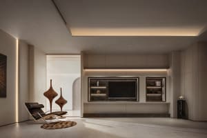 Modern minimalist living room with contemporary furniture, open space, and neutral color palette.