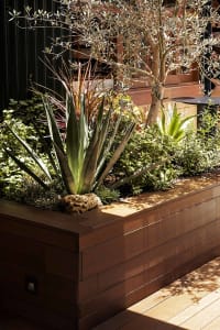 A modern plant display featuring a wooden planter with various plants and a rock element.