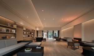A minimalist living room with wood flooring and furniture, featuring a bookshelf, fireplace, and lounge seating.