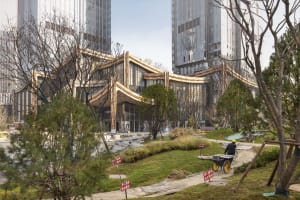 A modern business center with wooden accents.