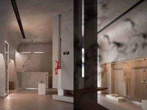 A modern retail storefront featuring concrete walls and minimalistic design.