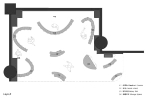 A black and white floor plan of a store layout with various sections and functional zones labeled.