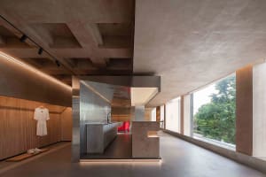A modern commercial space with a concrete floor and walls, featuring a minimalist design.