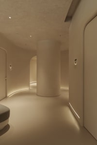 A minimalist interior space featuring concrete walls and floors, highlighted by recessed lighting and minimalist decor.