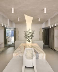 A minimalist retail shop with a marble counter and a central tree.