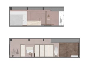 A rendering of a modern shop interior showing various design elements and materials used for the space.