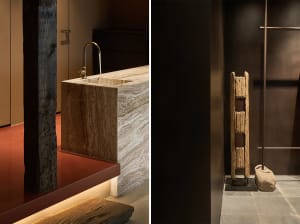 Modern bathroom interior with a stone sink and rustic wooden ladder.