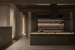 Modern minimalist kitchen with wooden cabinets and minimalist design.