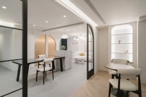 Modern office interior featuring marble and glass elements