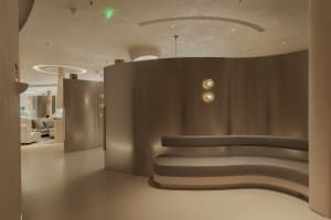 Modern retail space featuring metallic acoustic-paneled walls