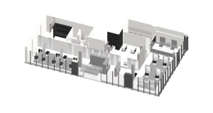 3D rendering of a hospital floor plan, predominantly in white and black colors.