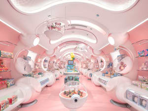 A minimalistic retail store with plastic displays and glass cases