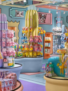 A colorful and playful pet store interior featuring various products and decorations.