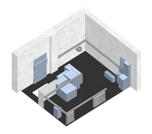 A rendering of an industrial laboratory with metallic structures and technical equipment.