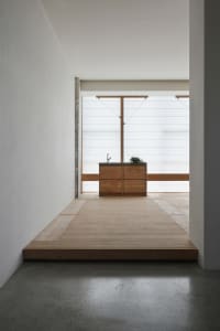 Minimalist residential kitchen featuring wooden flooring and a wooden cabinet with a sink and a plant.