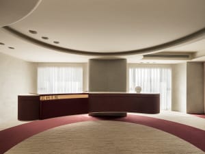 Modern minimalist lobby featuring sleek concrete design elements.