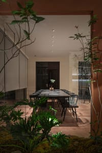 A modern dining room featuring a long rectangular table adorned with a small plant, surrounded by wooden chairs, set within a