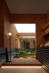 Modern minimalist residential space featuring concrete, wooden elements, and greenery incorporated into the design.