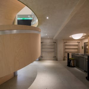 Angle view of a modern office lobby with a curved wooden wall, concrete flooring, and metal shelves.