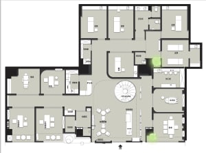 A detailed 2D architectural drawing of an office layout plan.