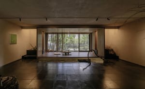 A minimalist yoga studio with wooden and plant materials in a serene setting.