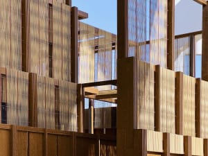 Modern architectural design featuring wooden materials.