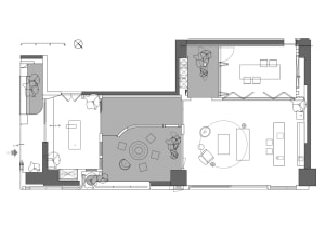 Floor plan of a modern interior design, viewed in 2D technical drawing style, on paper.