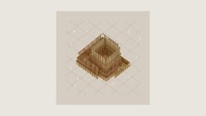 Isometric drawing of a modern architectural interior with glass panels.