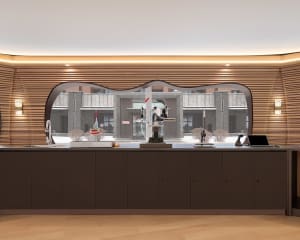 A modern laboratory equipped with wood paneling and metal equipment.