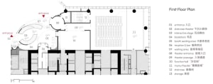 First Floor Plan of a modern theater interior, featuring various functional zones such as entrances, staircases, and seating 