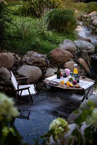A picnic scene featuring a wooden picnic table set up near a flowing stream, surrounded by rocks and greenery.