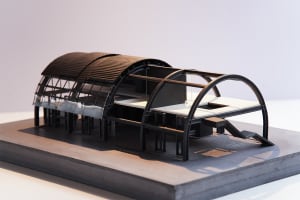 Industrial-style building model made of metal and glass
