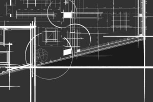 A detailed blueprint of an industrial-style office space, showcasing open-plan layout with exposed beams and concrete finishe