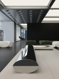 A modern interior space featuring metallic accents, minimalistic furniture, and sleek design.
