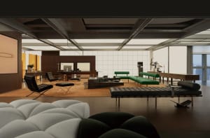 Modern living room interior with wood and metal furniture and decor.
