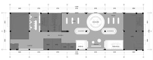 Floor plan of a modern office layout showing various functional zones and dimensions.