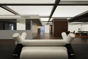 Modern minimalist office space with sleek, contemporary furniture and clean lines.