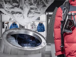 An exhibit display featuring a space-themed environment with various clothing items and equipment.