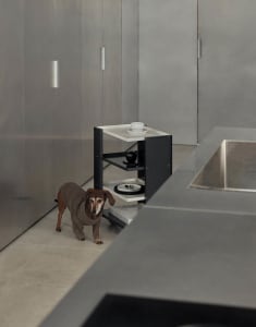 A modern, minimalist kitchen with metallic accents, featuring a sleek, industrial design.