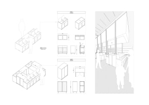 2D technical drawing of a modern office space featuring metal and glass furniture.