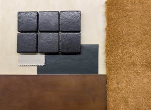 Various material samples including tiles, leather, fabric, and wood.
