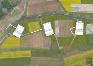 Aerial view of a modern agricultural field plan with sections designated for reading area, gift shop, viewing deck, cafe, wat