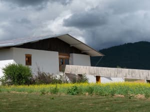 A minimalist residential building with white concrete walls and wooden accents.