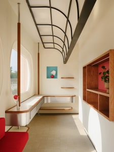 Modern interior design featuring wood and metal materials.